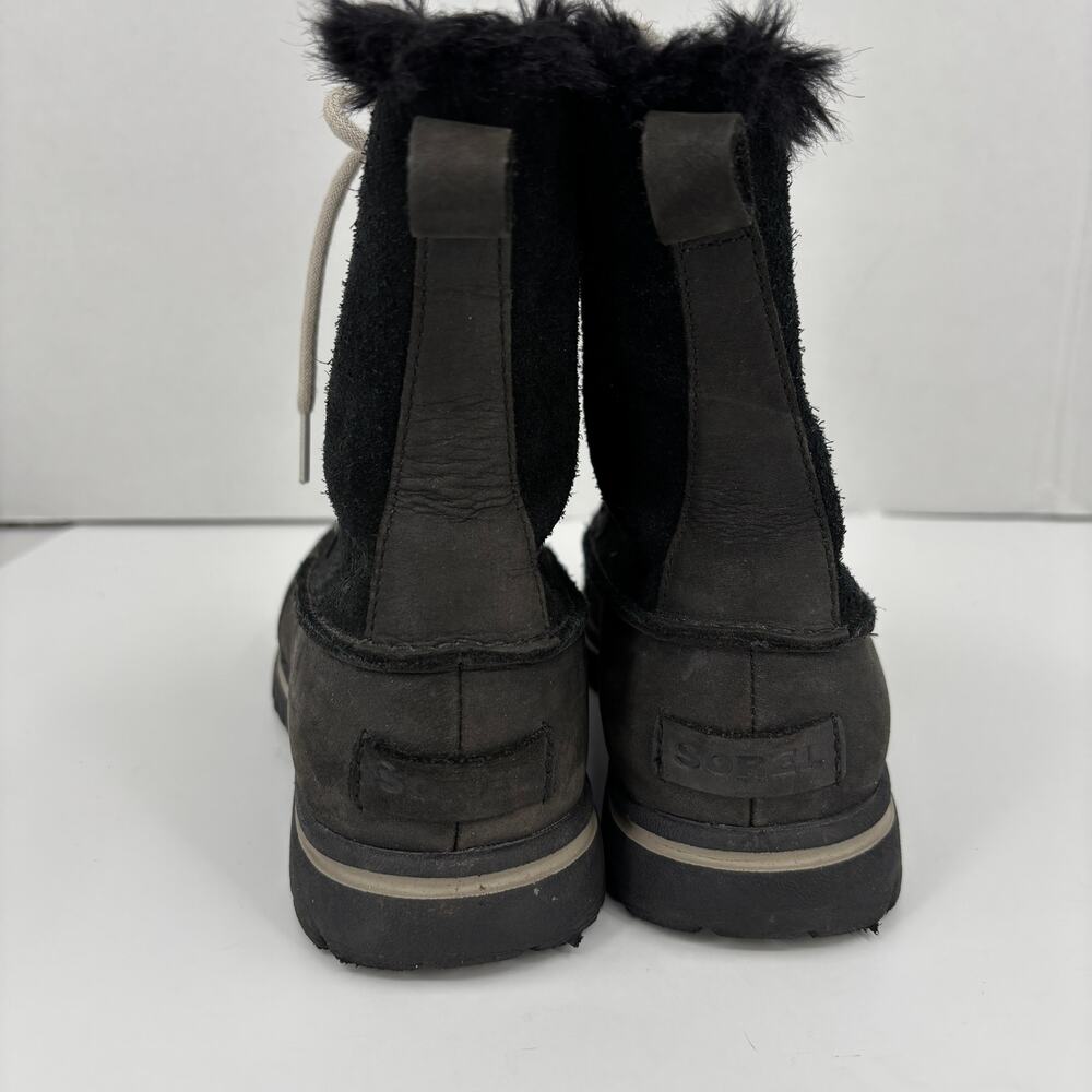 Sorel Cozy Joan Boots Size 7.5 Black Leather Nubuck Faux Fur Lace Up Waterproof - Picture 8 of 10